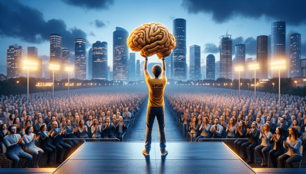 dall·e 2024 02 01 06.09.58 a hyper realistic image of a businessman standing on a stage holding out a yellow brain with both hands and showing it to a large audience of around